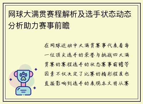 网球大满贯赛程解析及选手状态动态分析助力赛事前瞻
